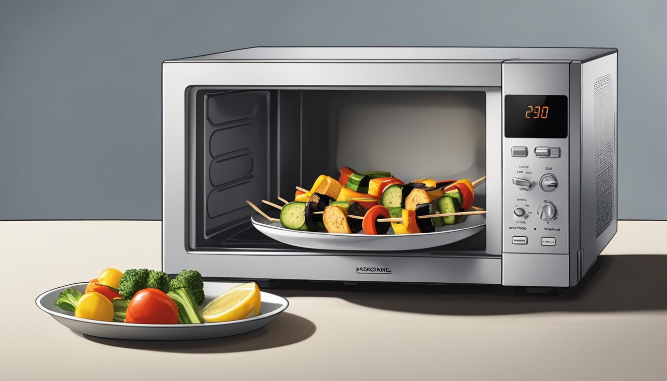 A microwave with a plate of gluten free grilled vegetable skewers inside, rotating as it heats them up