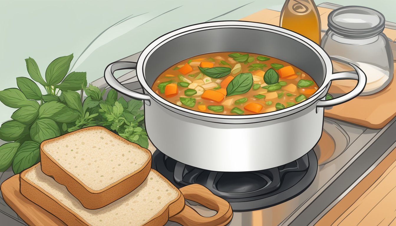 A steaming bowl of gluten free minestrone soup being reheated on a stovetop, surrounded by fresh herbs and a loaf of crusty gluten free bread