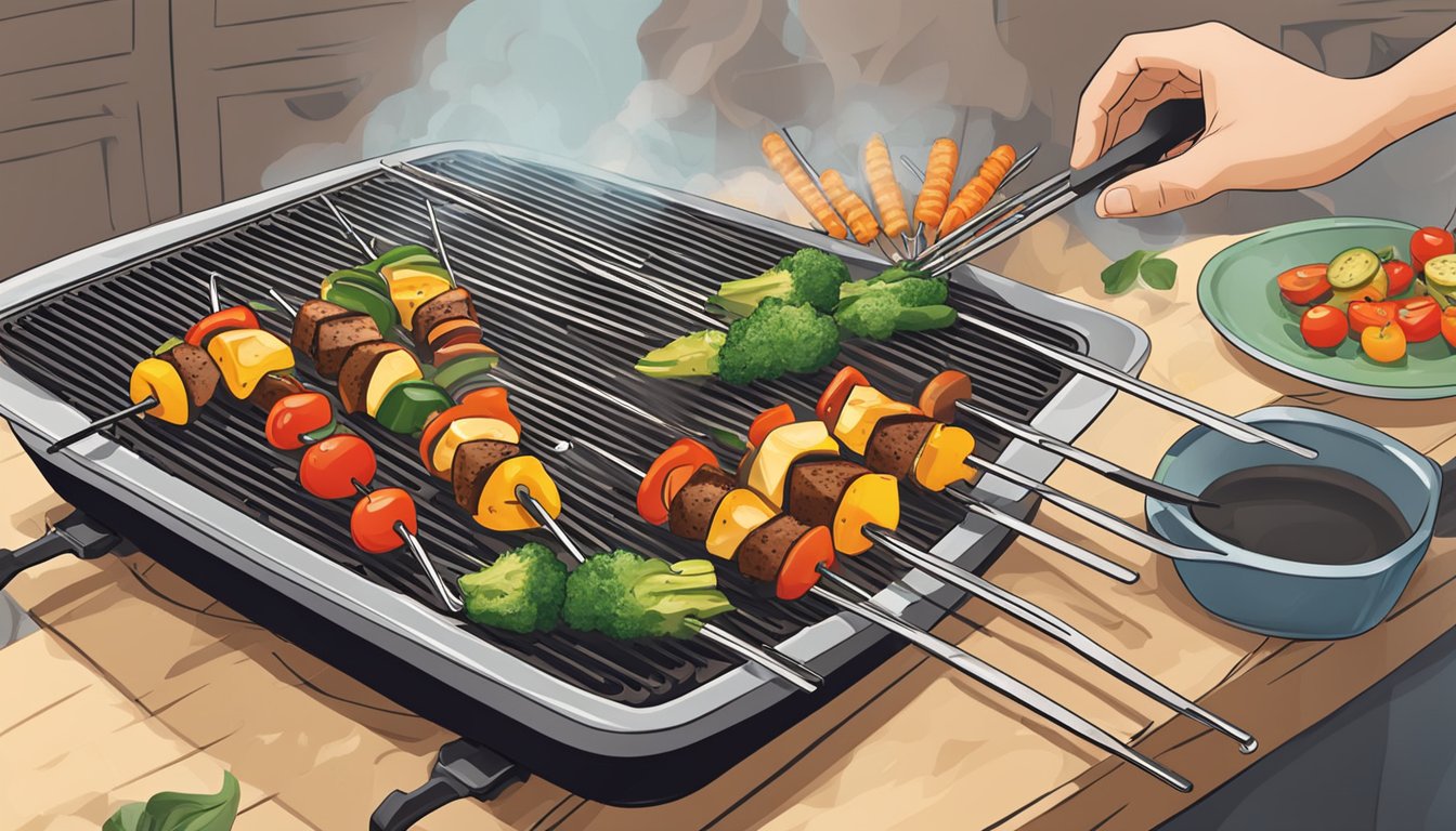 A grill with gluten free vegetable skewers being reheated over the flames. A pair of tongs is turning the skewers. A plate and serving utensils are nearby