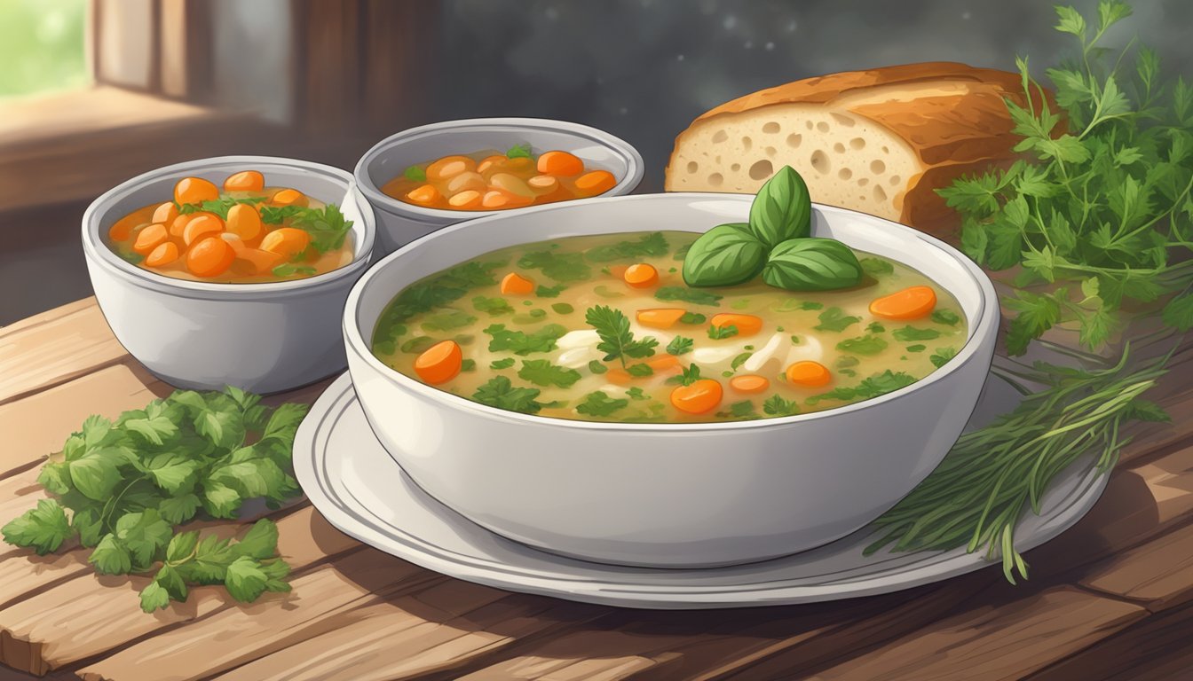 A steaming bowl of gluten-free minestrone soup sits on a rustic wooden table, surrounded by fresh herbs and a crusty slice of gluten-free bread