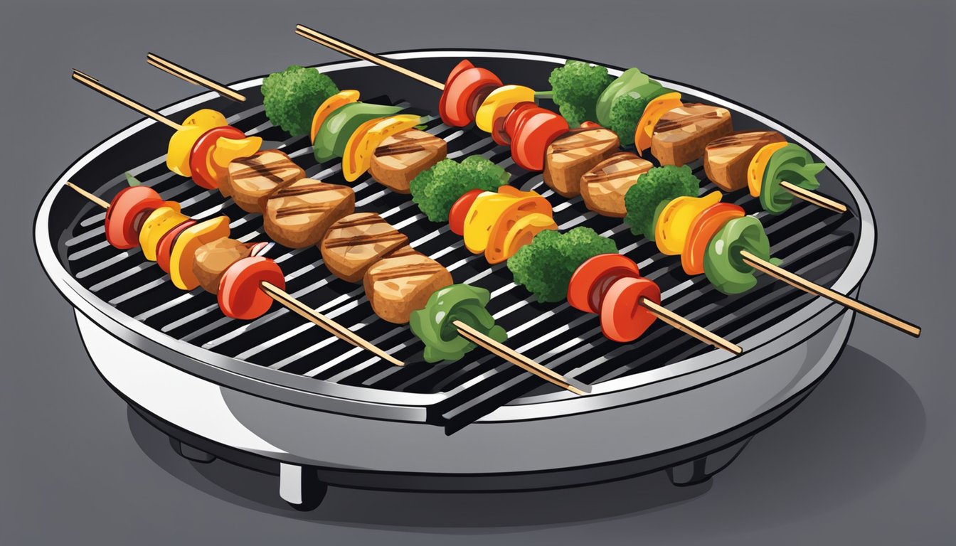 A grill with gluten-free vegetable skewers being reheated over the flames, emitting a savory aroma