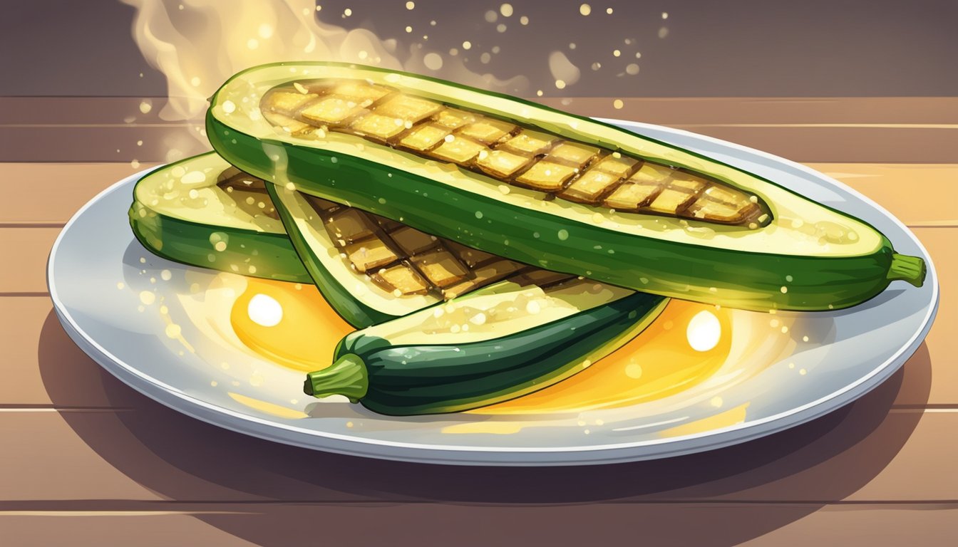 A plate of grilled zucchini being reheated in a microwave, with steam rising and the zucchini glistening with oil