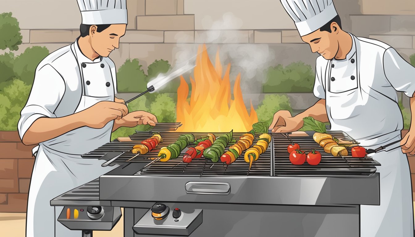 A chef reheating gluten-free grilled vegetable skewers on a clean, well-maintained grill, using a food thermometer to ensure safe temperature