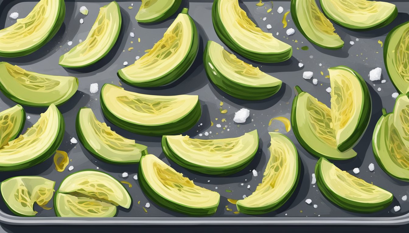 Freshly grilled zucchini slices arranged on a baking sheet, brushed with olive oil and sprinkled with salt and pepper, ready to be reheated in the oven