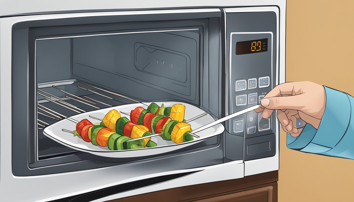 A person places gluten-free grilled vegetable skewers on a microwave-safe plate and covers them with a microwave-safe cover, then heats them in the microwave