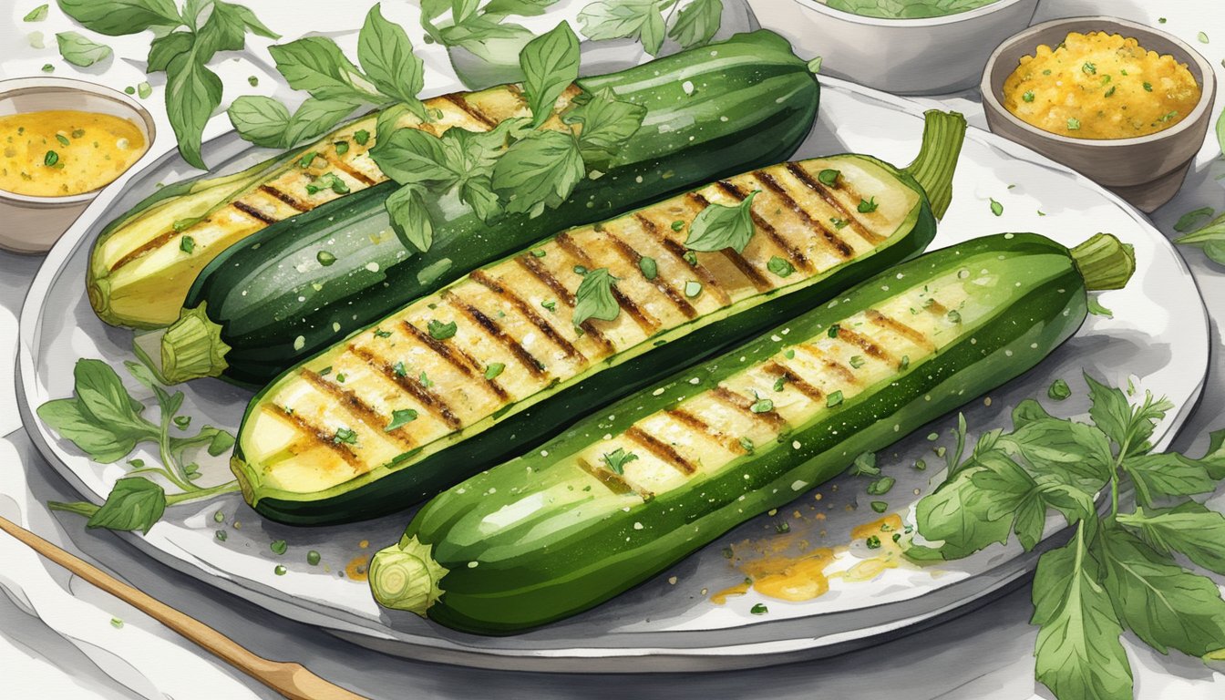 A plate of grilled zucchini on a bed of parchment paper, surrounded by fresh herbs and a sprinkle of sea salt, with a microwave in the background