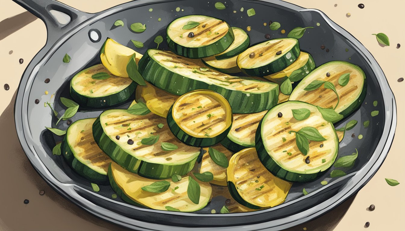 A plate of gluten-free grilled zucchini being reheated in a skillet, with a sprinkle of herbs and a drizzle of olive oil for garnish