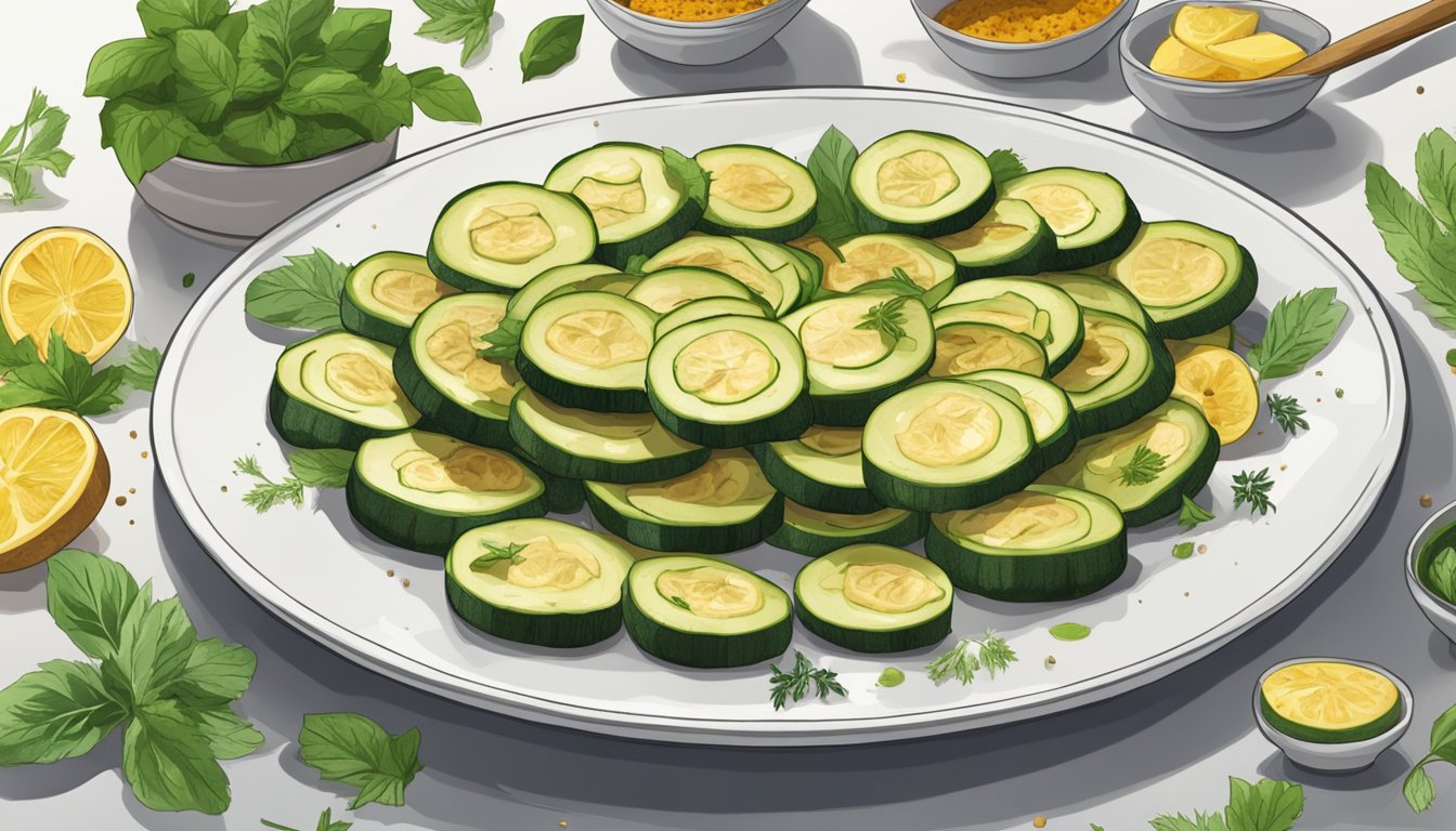 A plate with grilled zucchini slices arranged in a circular pattern, surrounded by fresh herbs and spices. A microwave in the background