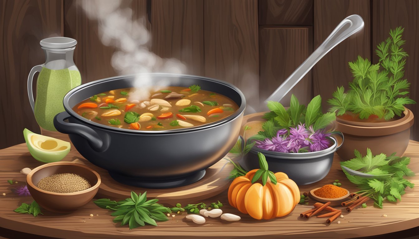 A steaming bowl of gluten-free gumbo sits on a rustic wooden table, surrounded by colorful spices and fresh herbs. A pot simmers on the stove in the background