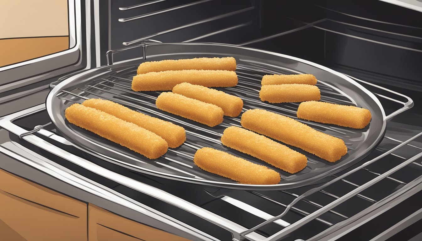 A plate of gluten-free mozzarella sticks being reheated in an oven