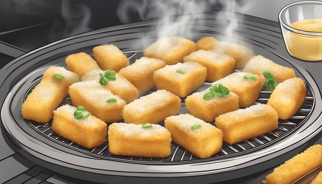 A plate of gluten-free mozzarella sticks being reheated in the oven, with steam rising from the melted cheese and crispy breading