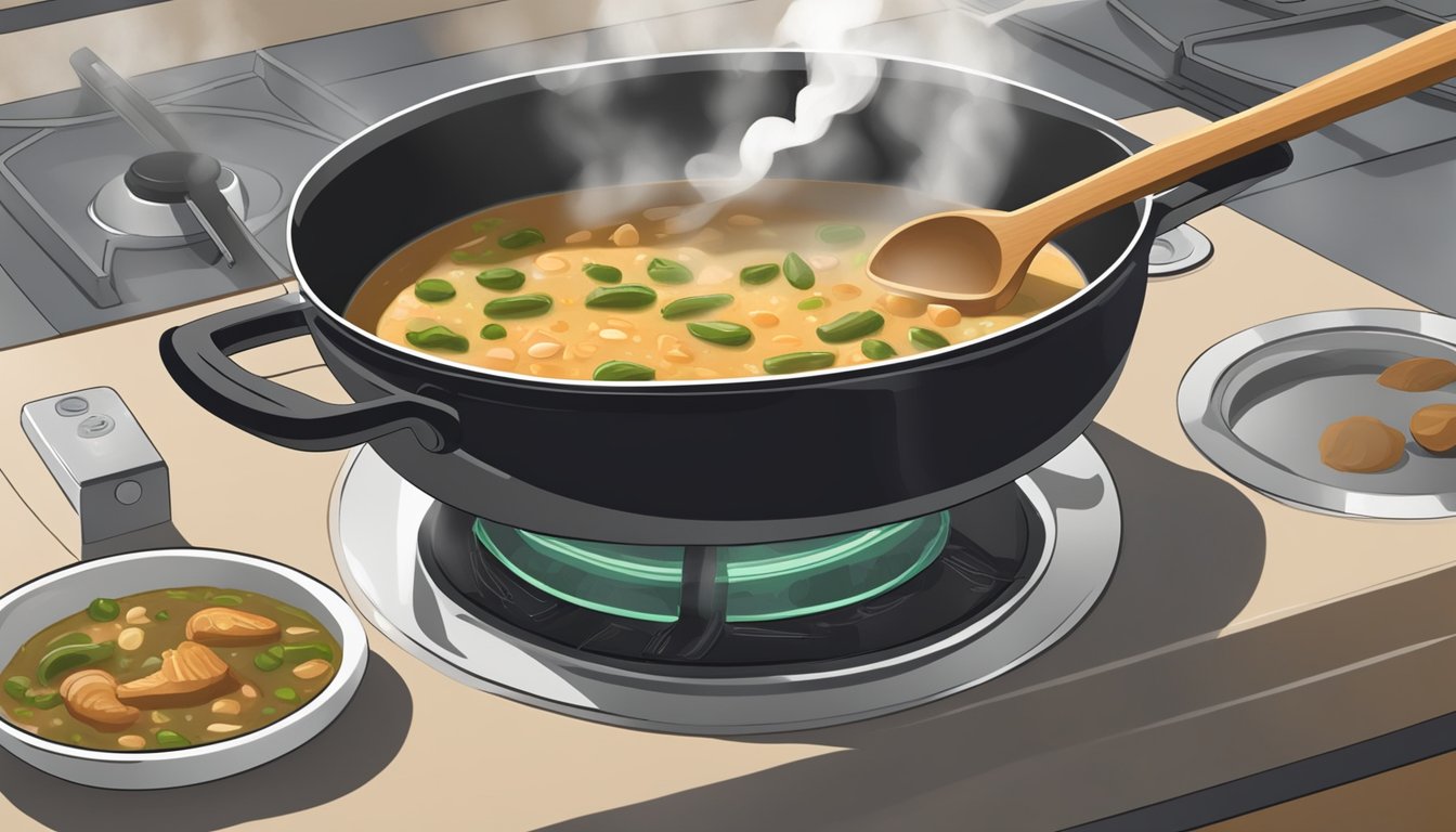 A pot of gluten-free gumbo being heated on a stovetop, with steam rising and a wooden spoon stirring the contents