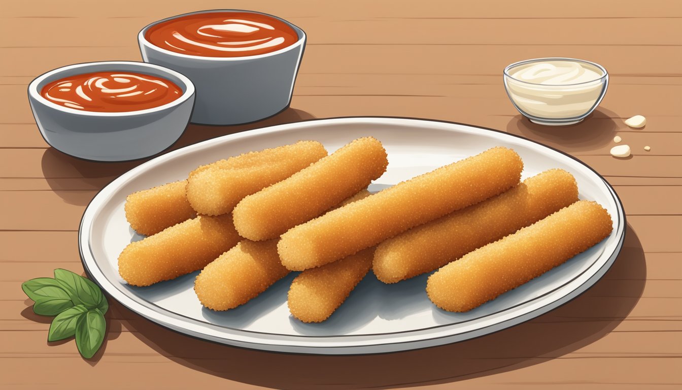 A plate of golden-brown gluten-free mozzarella sticks arranged neatly on a serving platter, with a side of marinara sauce for dipping