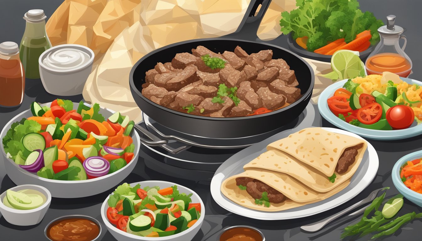 Sizzling gyro meat on a skillet, steam rising, surrounded by gluten-free pita bread and a variety of fresh vegetables and sauces