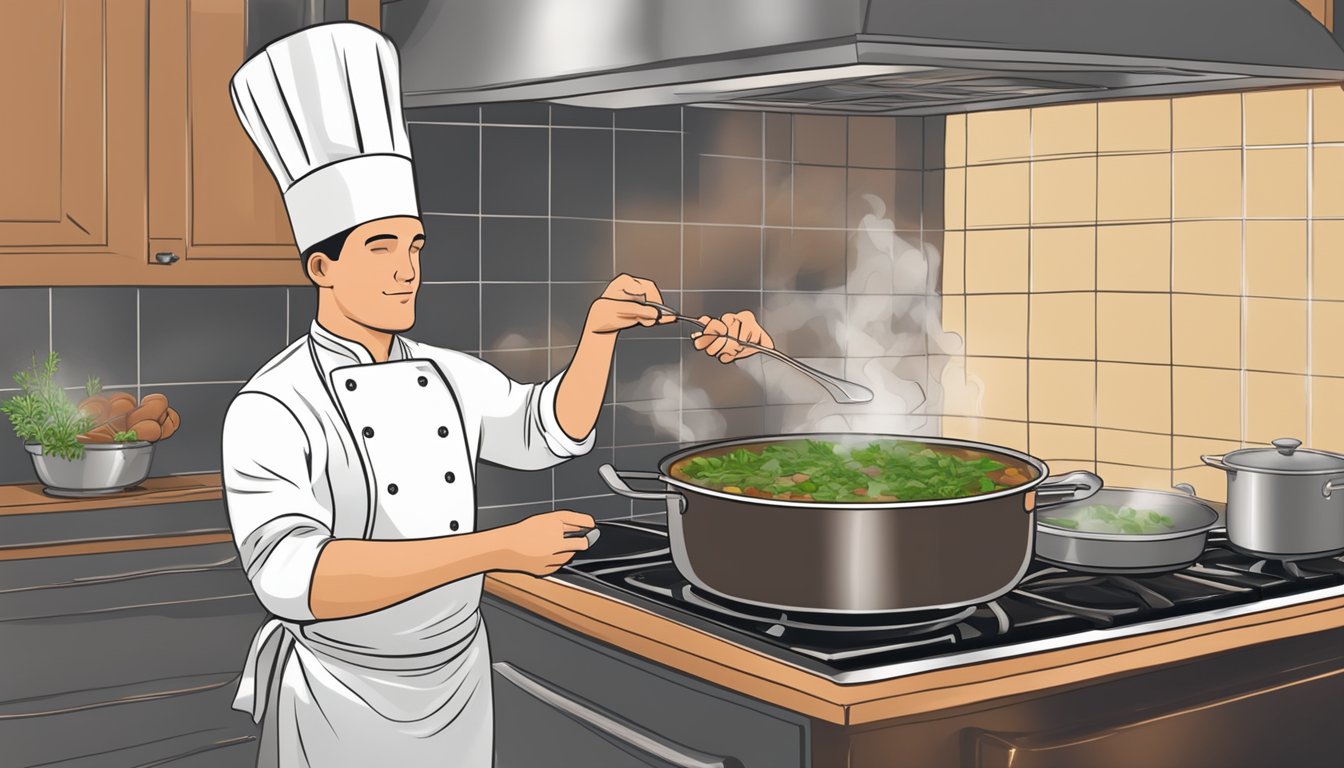 A steaming pot of gluten free gumbo sits on a stove, with a chef adding fresh herbs and spices to enhance the flavor after reheating