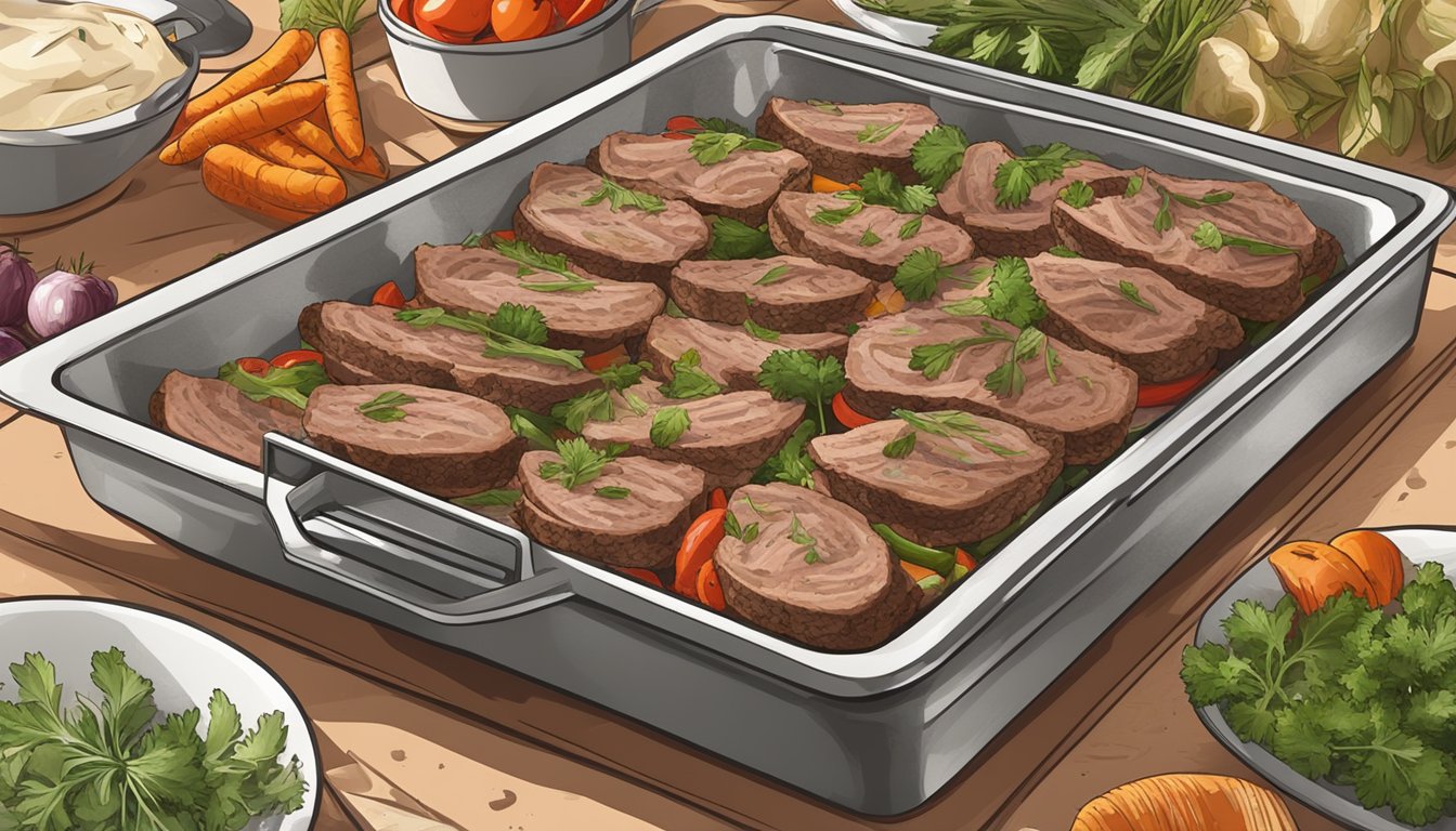 Sliced gyro meat on a baking tray in the oven, surrounded by roasted vegetables and herbs