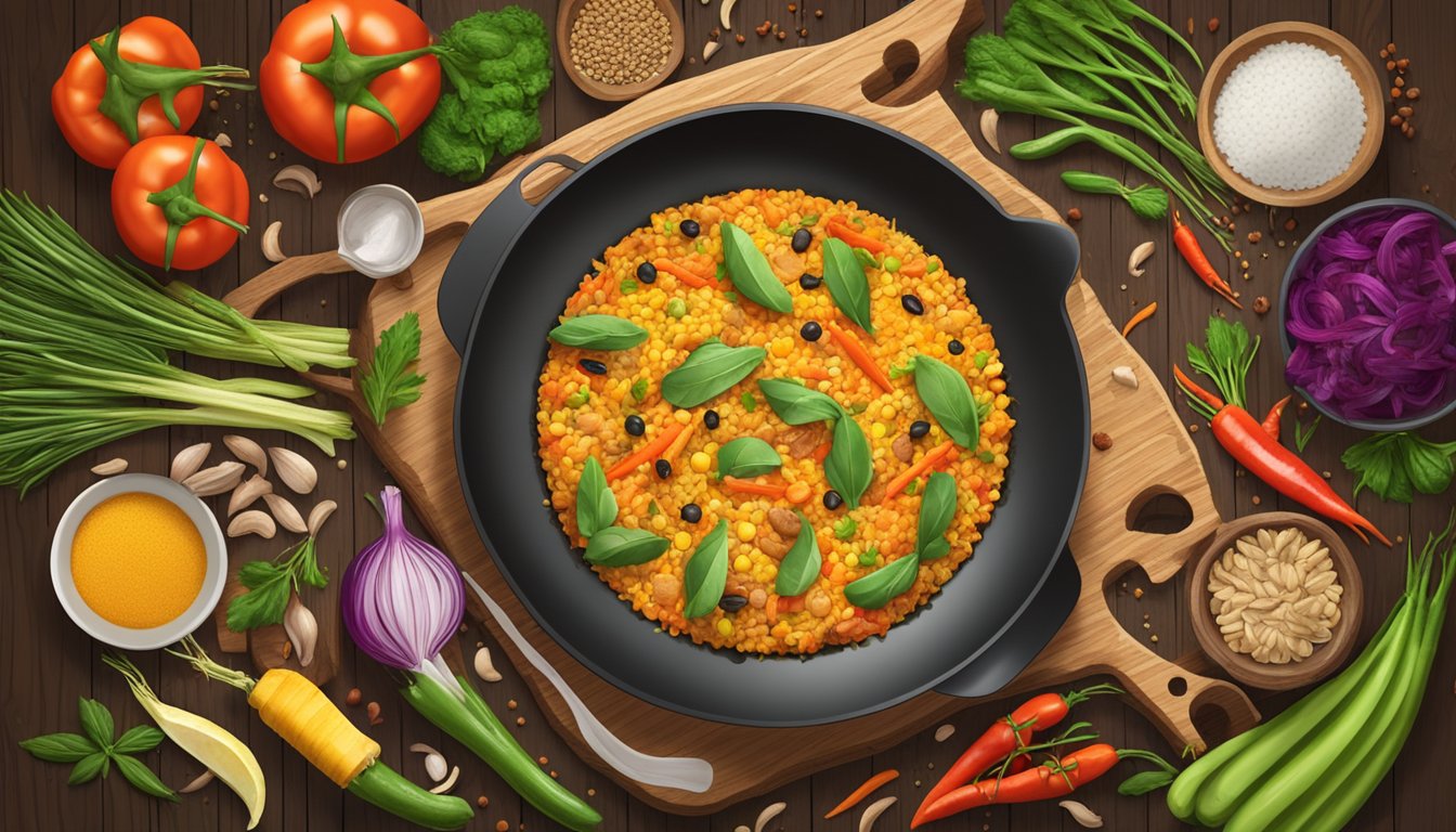 A steaming plate of gluten-free paella sits on a rustic wooden table, surrounded by colorful vegetables and fragrant spices