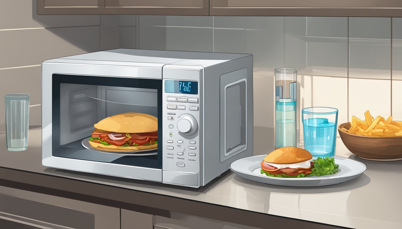 A plate of gluten-free gyro meat sits in a microwave, with a glass of water beside it. The microwave door is closed, and the timer is set for 1 minute