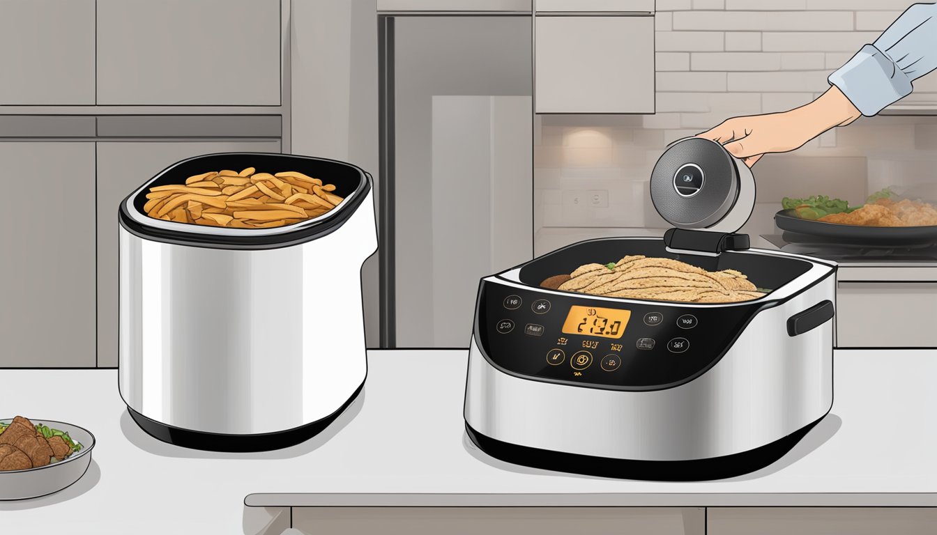 A plate of gluten-free gyro meat being placed into an air fryer, with the fryer's digital display showing the temperature and time settings