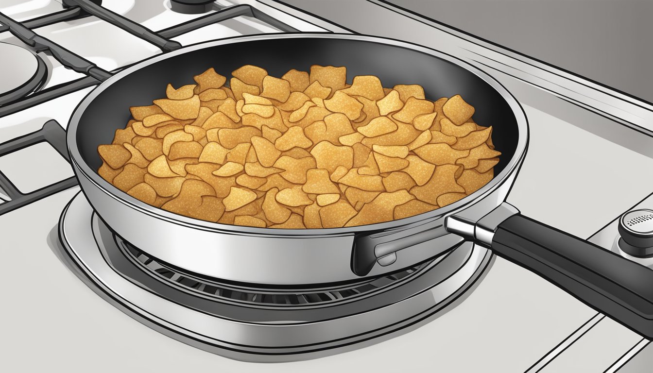 A skillet sizzling with golden gluten-free hash browns being reheated over medium heat on a stovetop