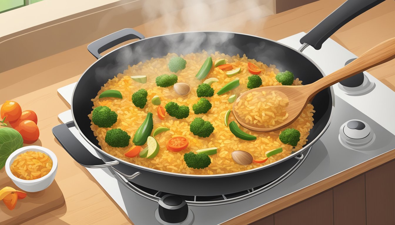 A pot of gluten-free paella sits on a stovetop, steam rising as it reheats. A wooden spoon stirs the rice and vegetables, creating a sizzling sound