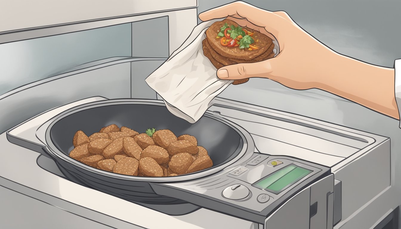 A person placing gluten free gyro meat in a microwave-safe dish, covering it with a damp paper towel, and reheating it in the microwave