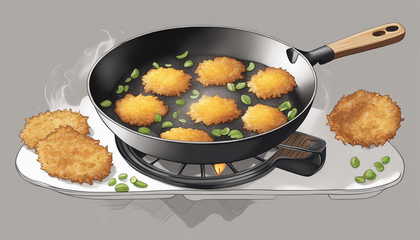 A skillet with sizzling oil, gluten-free hash browns being flipped