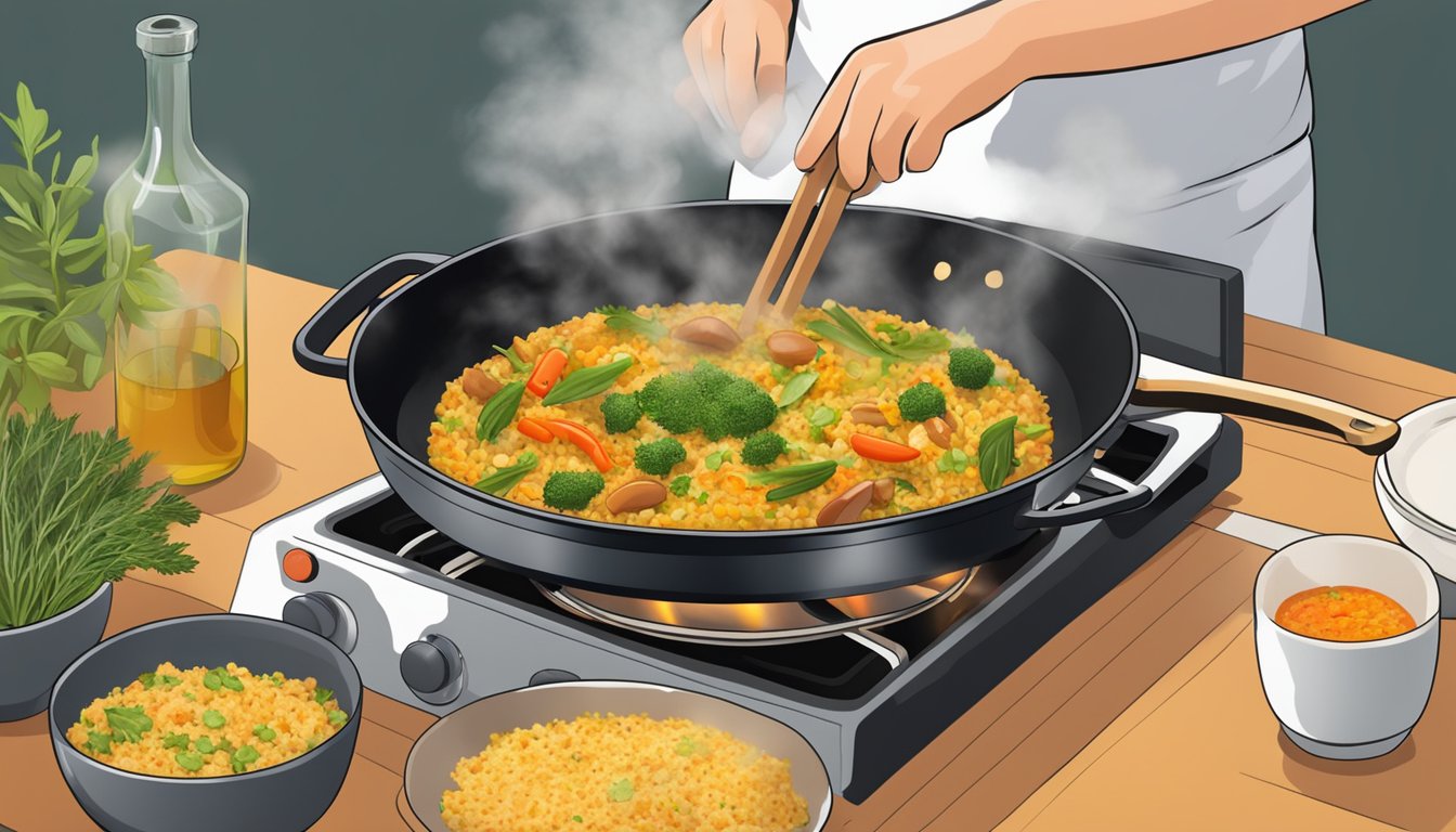 A steaming pot of gluten free paella being reheated on a stovetop, with a chef adding fresh herbs and spices to enhance the flavor