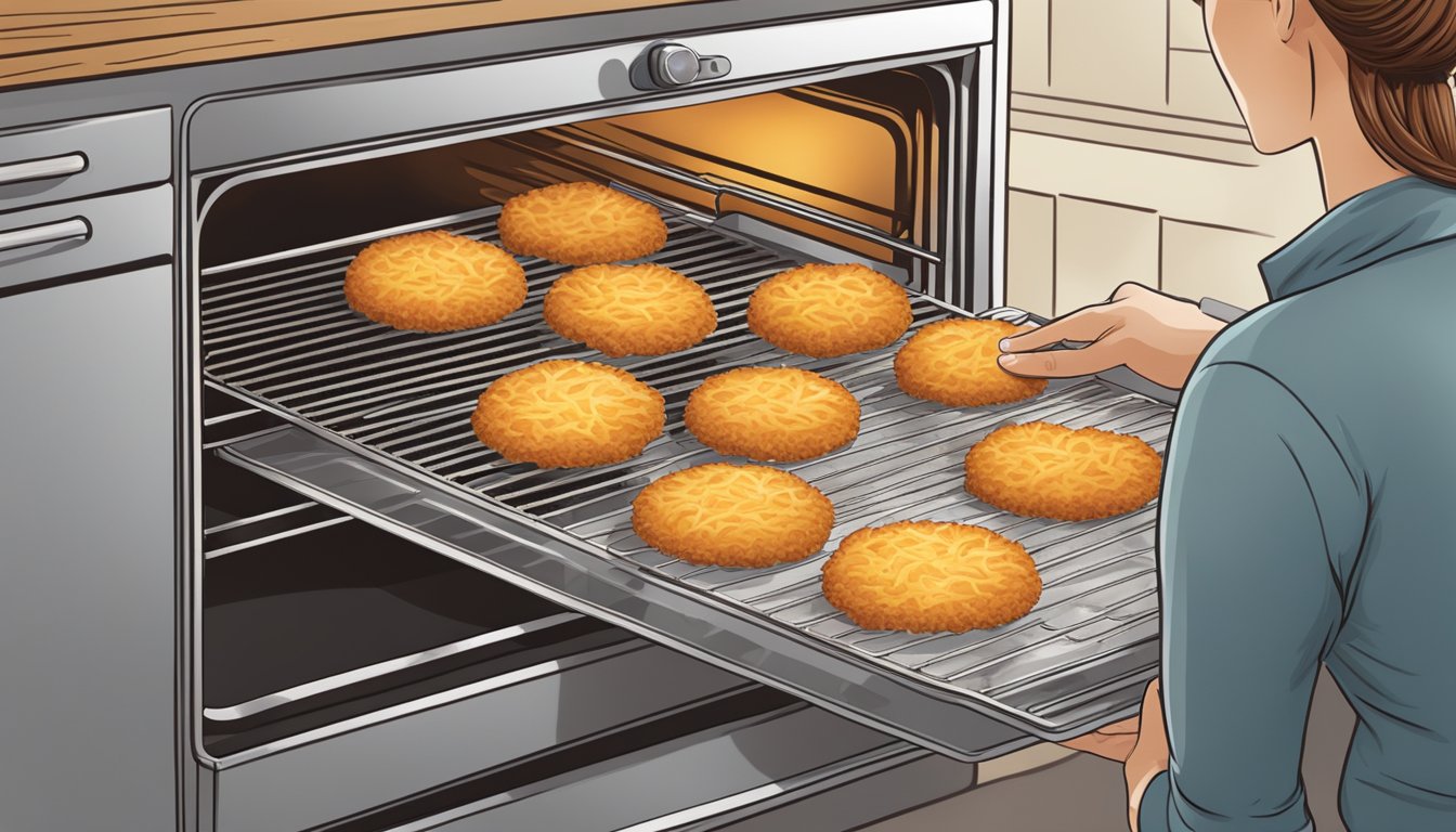 A person placing gluten free hash browns on a baking sheet in the oven