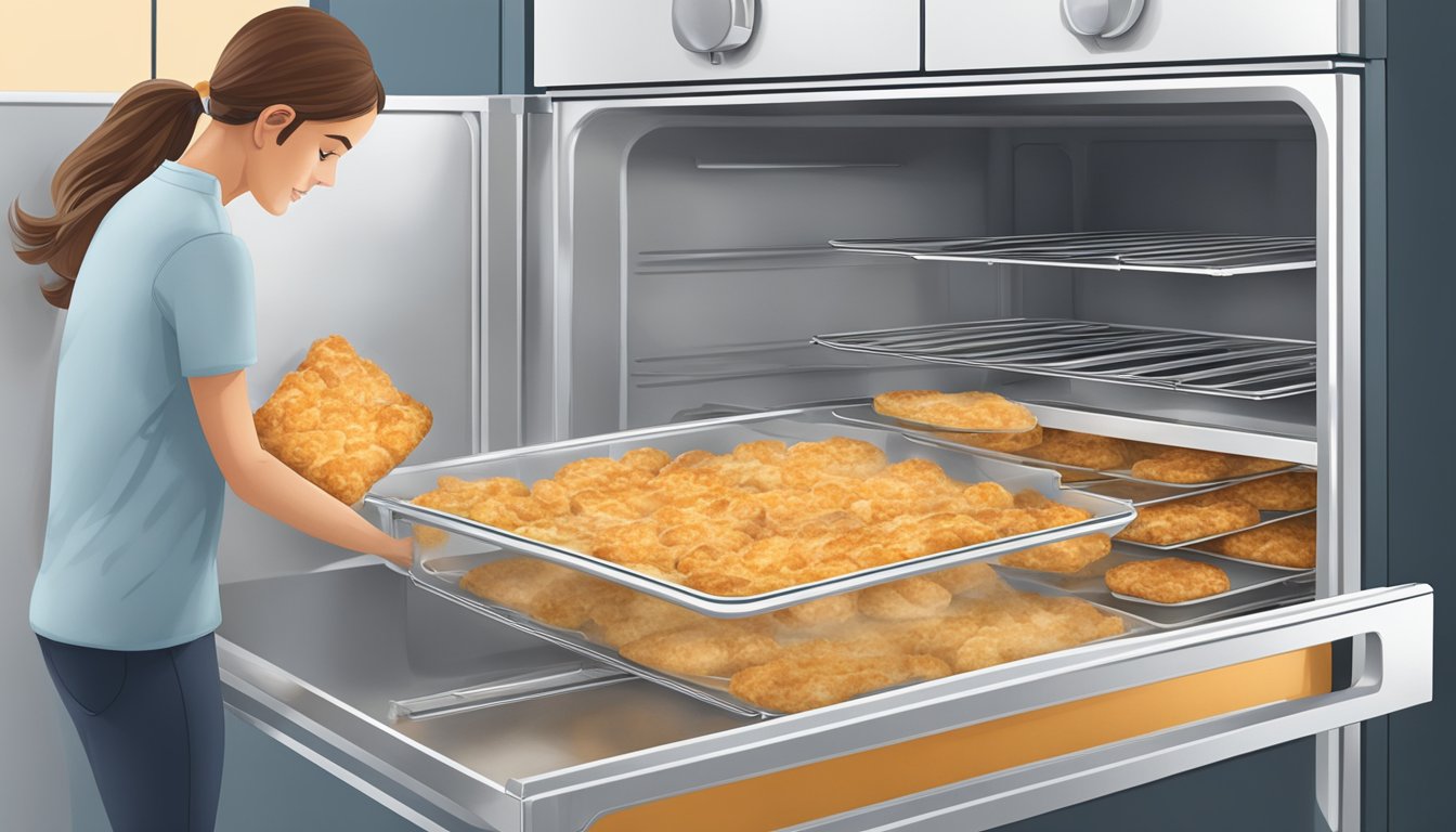 A kitchen scene with a container of gluten-free hash browns being stored in the refrigerator, and a person using an oven to reheat them