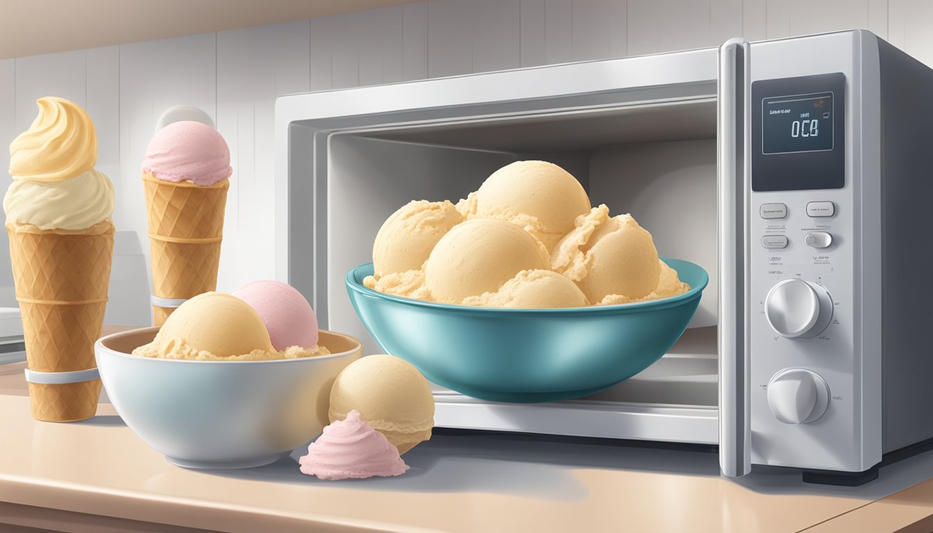 A scoop of gluten-free ice cream being gently warmed in a microwave-safe bowl