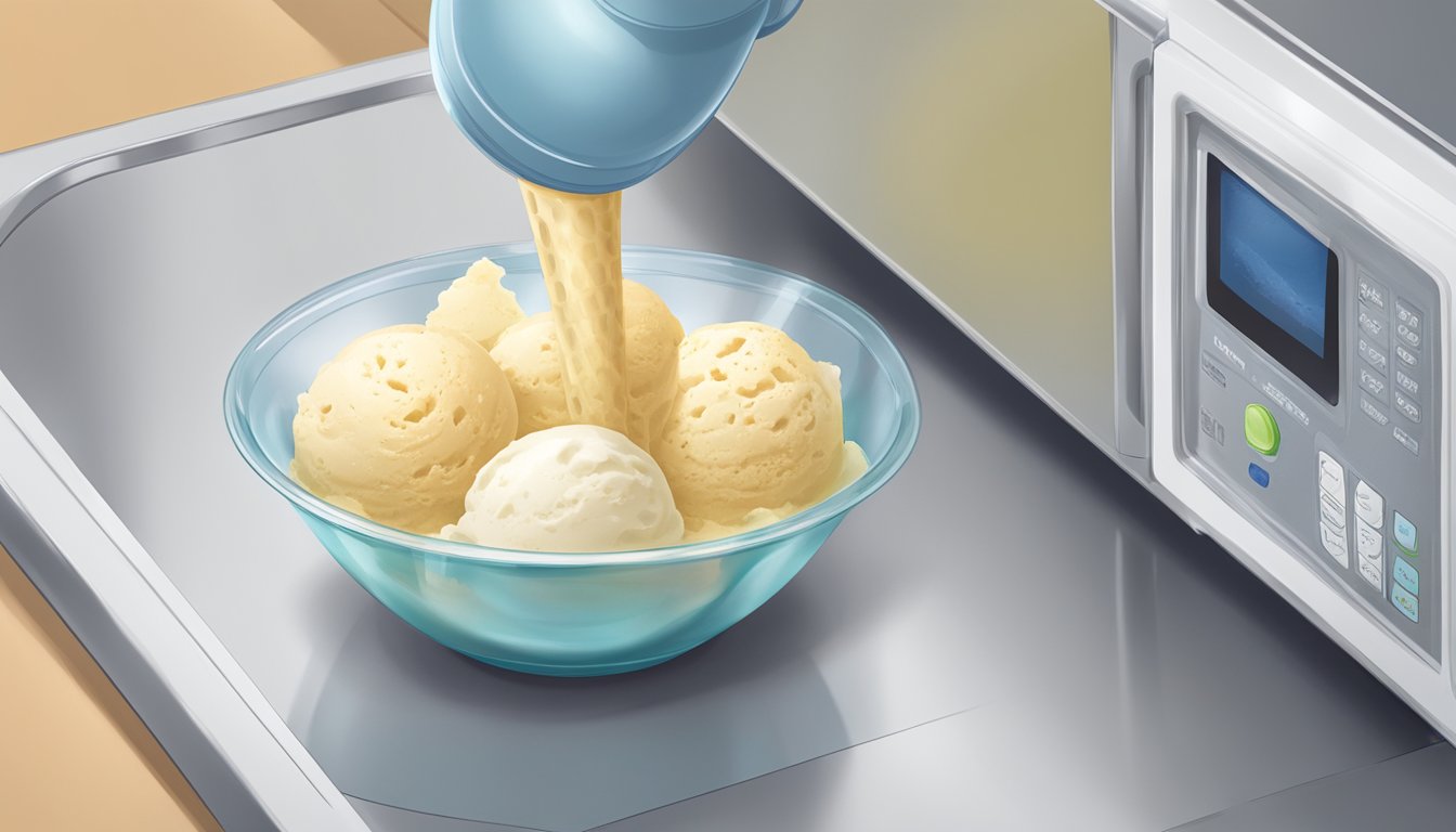 A scoop of gluten-free ice cream being placed in a microwave-safe bowl