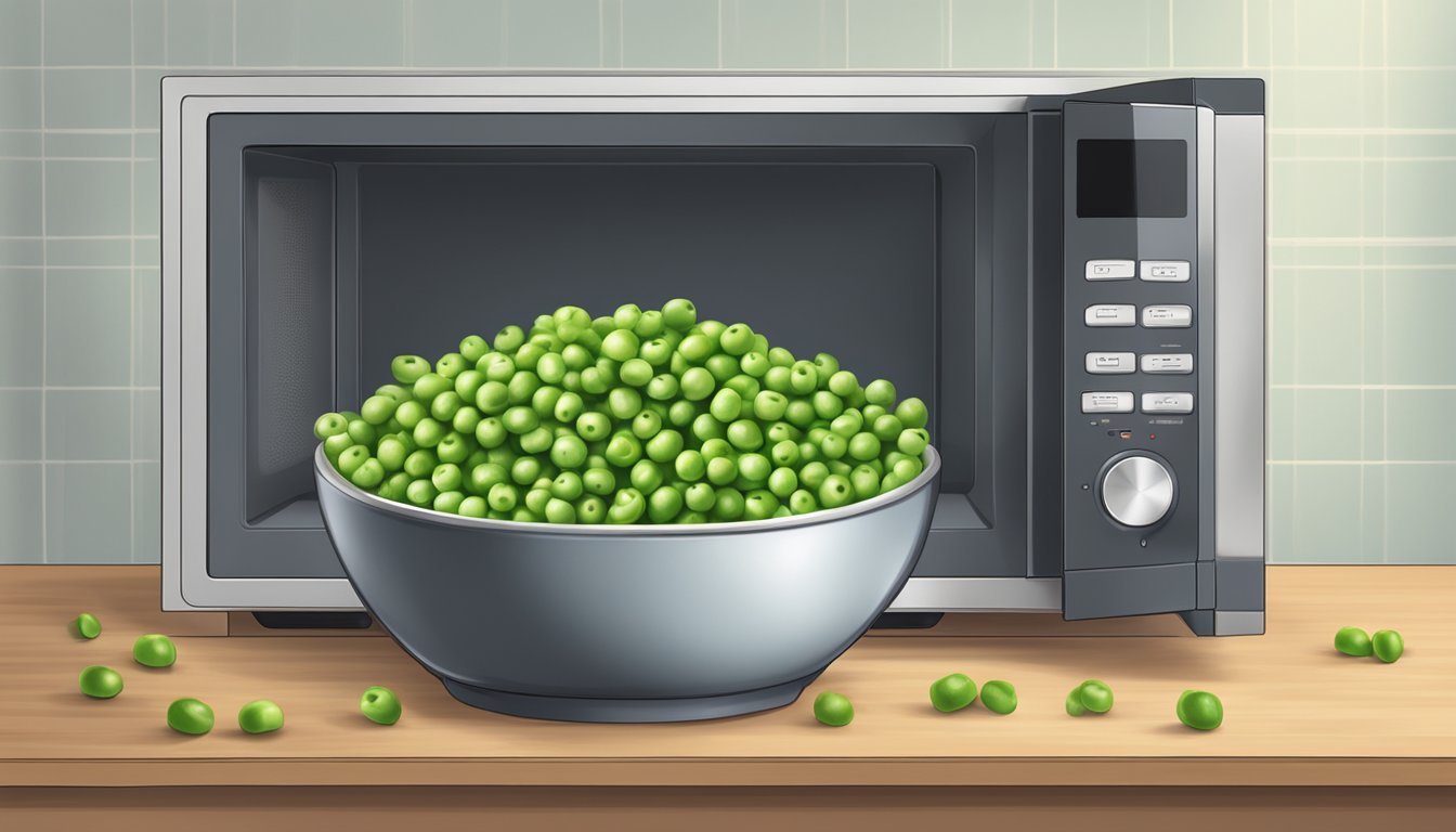 A bowl of gluten-free peas being reheated in a microwave