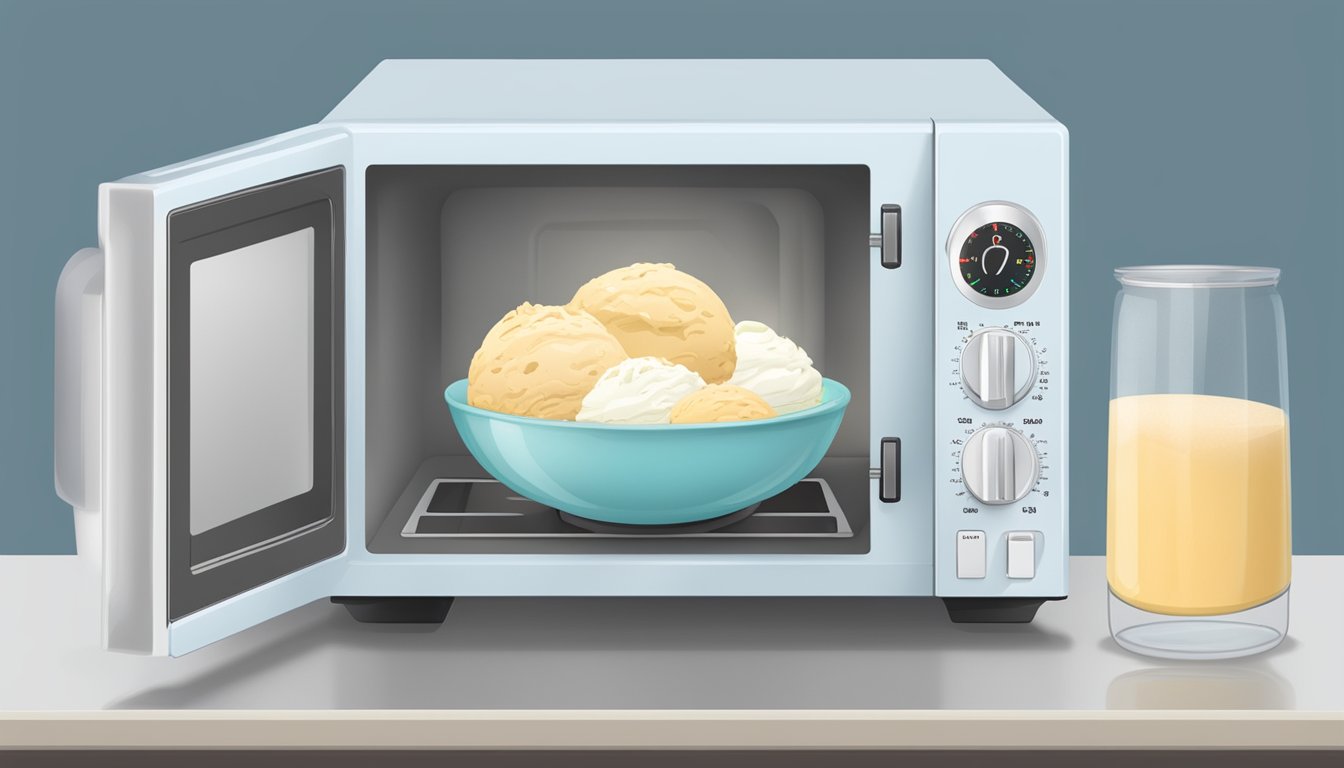 A microwave with a bowl of gluten free ice cream inside, a timer set, and steam rising from the bowl