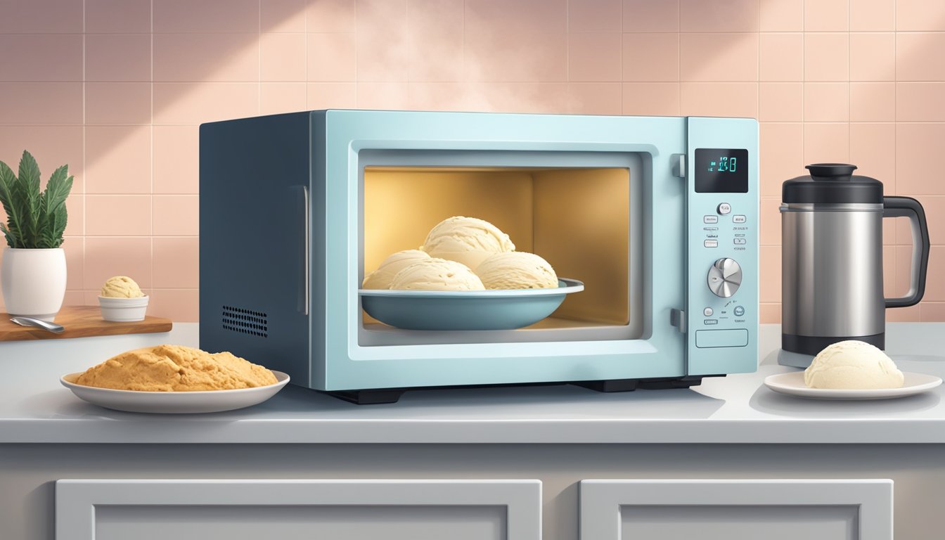 A microwave with a bowl of gluten-free ice cream inside, a hand pressing the buttons, and steam rising from the bowl