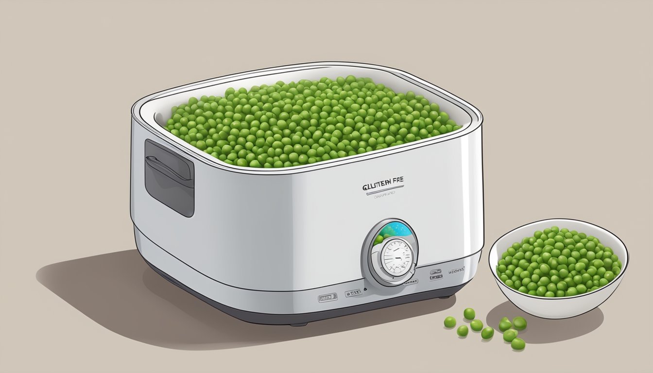 A microwave-safe dish with a serving of gluten-free peas being heated in a microwave