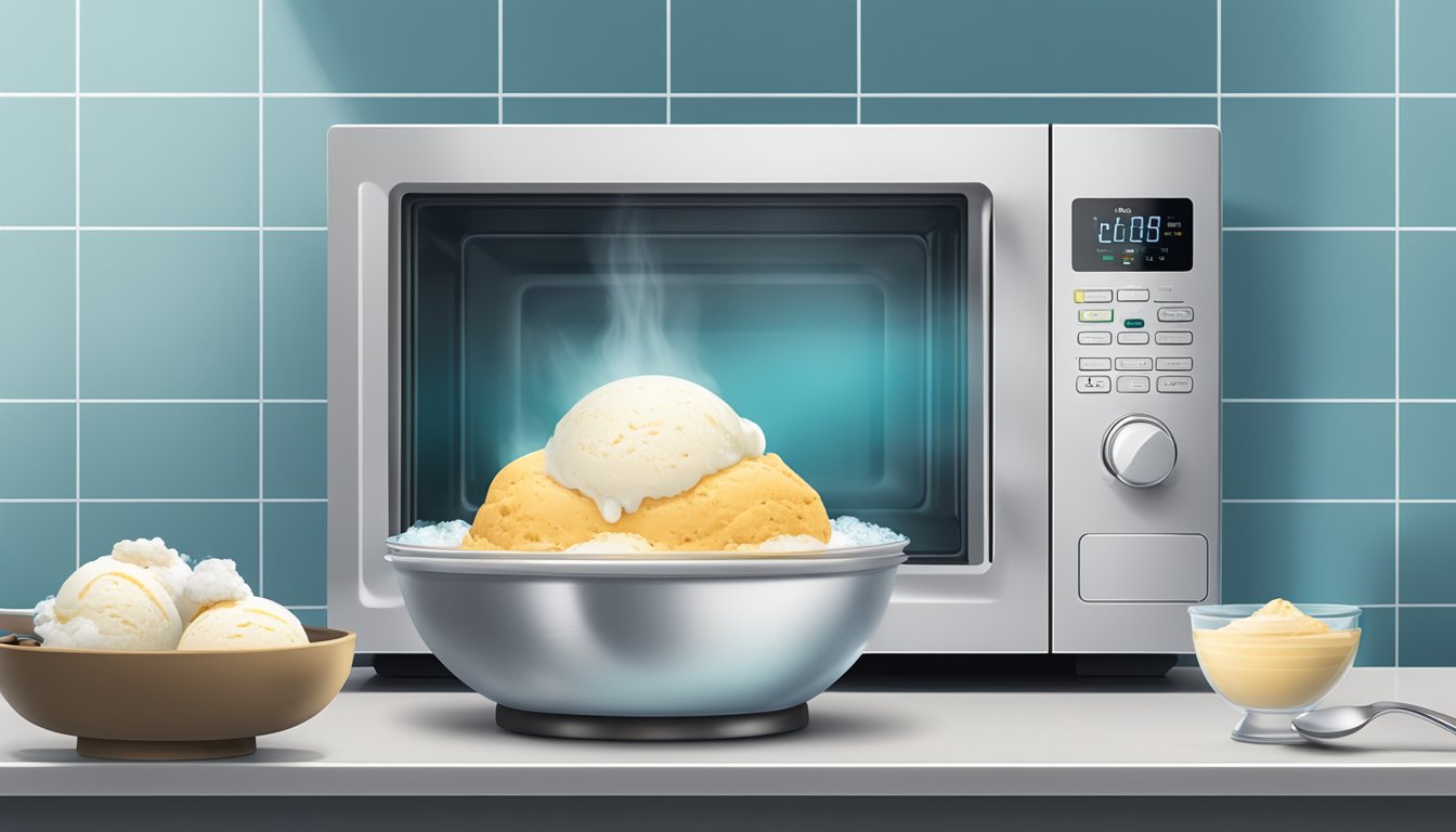 A microwave with a bowl of gluten-free ice cream inside, a spoon resting on the counter, and steam rising from the bowl