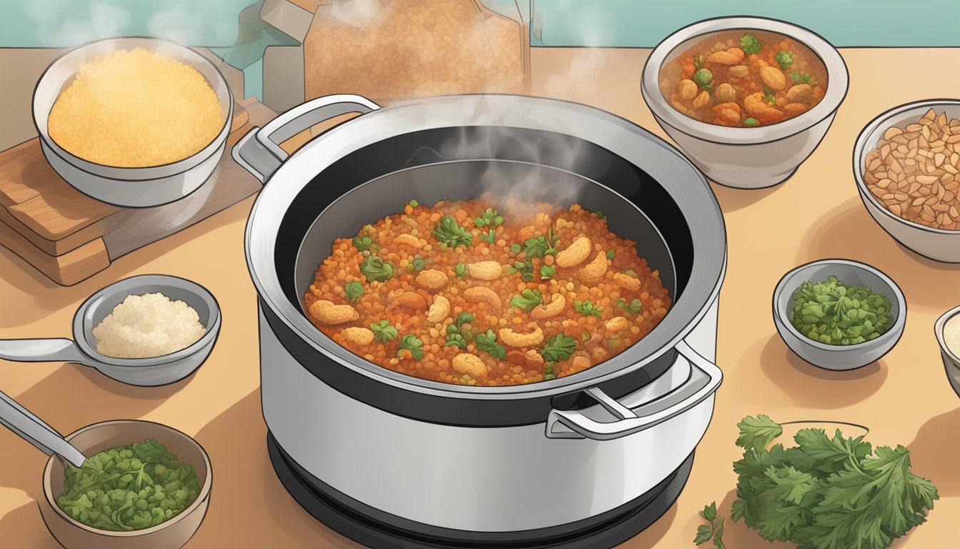 A steaming pot of gluten-free jambalaya being gently reheated on a stovetop, emitting savory aromas