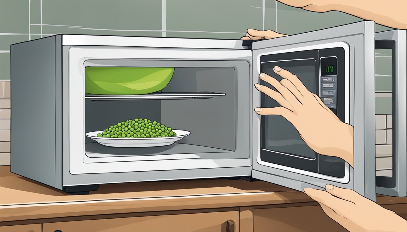 A microwave with a plate of gluten-free peas inside, a hand reaching to open the door