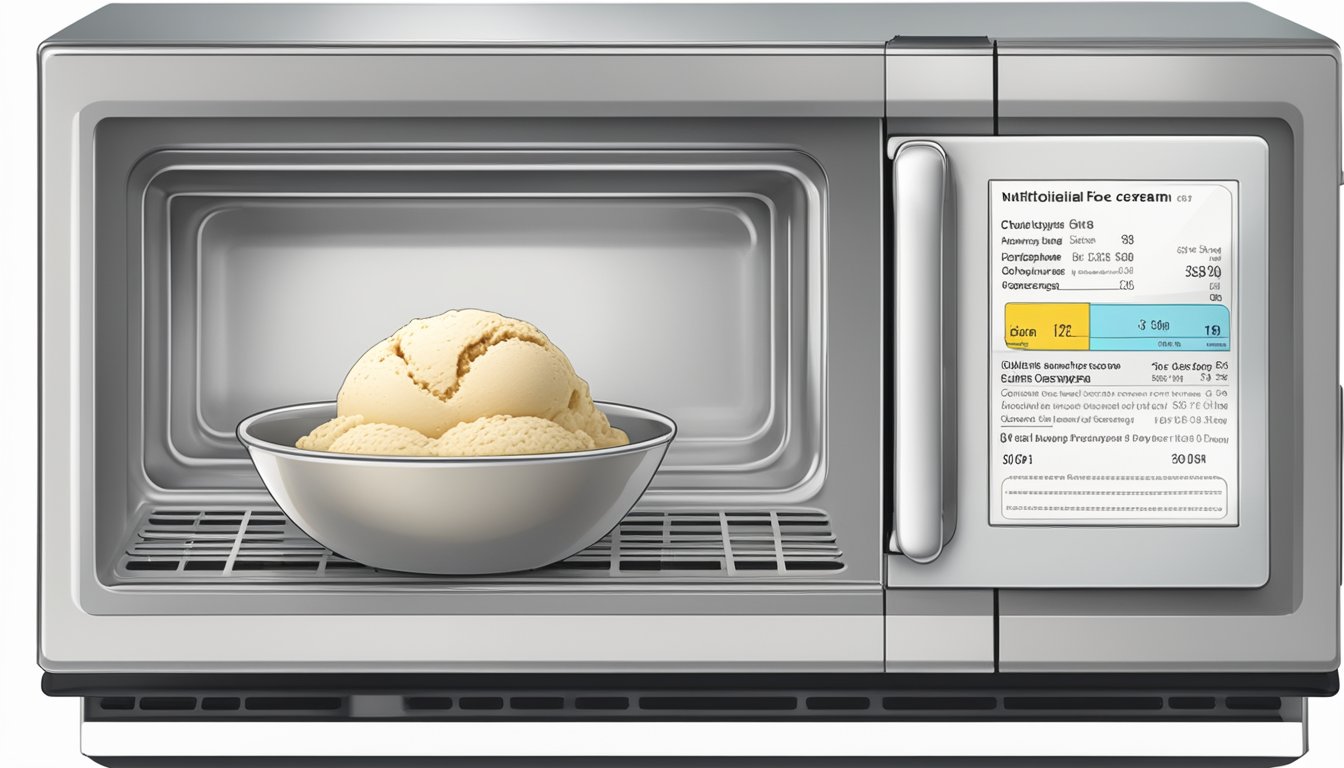 A microwave with a bowl of gluten-free ice cream inside, a spoon next to it, and a nutritional information label visible on the packaging