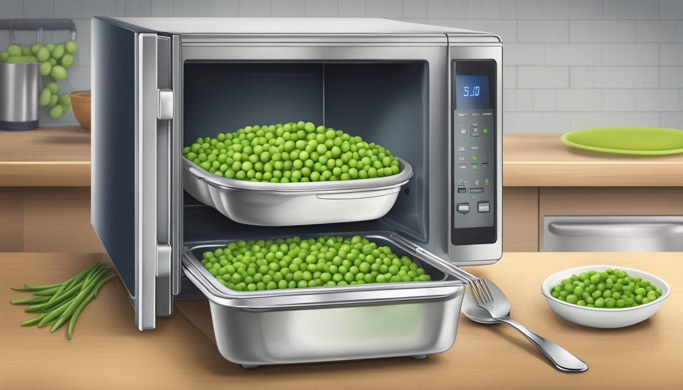 A microwave with a bowl of gluten-free peas inside, steam rising, with a fork nearby