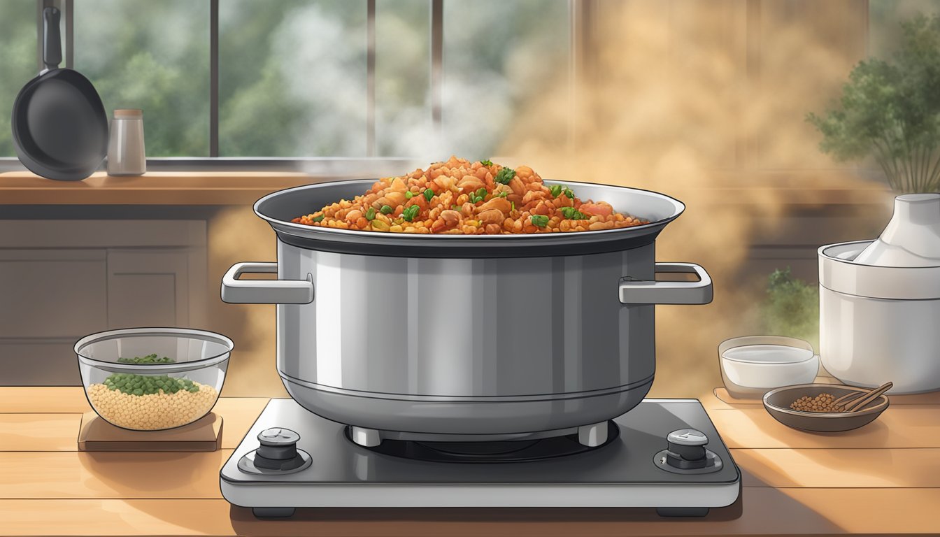 A steaming bowl of gluten-free jambalaya being reheated on a stovetop, with the aroma of spices and herbs filling the air