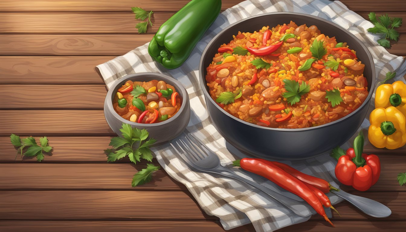 A steaming bowl of gluten free jambalaya sits on a rustic wooden table, surrounded by colorful peppers and spices