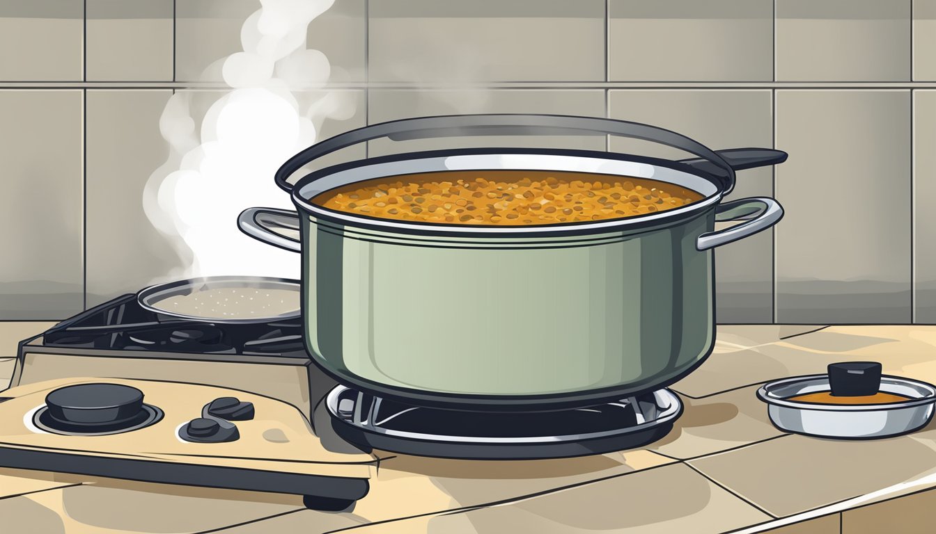 A pot of gluten-free lentil soup on a stove, steam rising, ladle resting on the side, ready for reheating