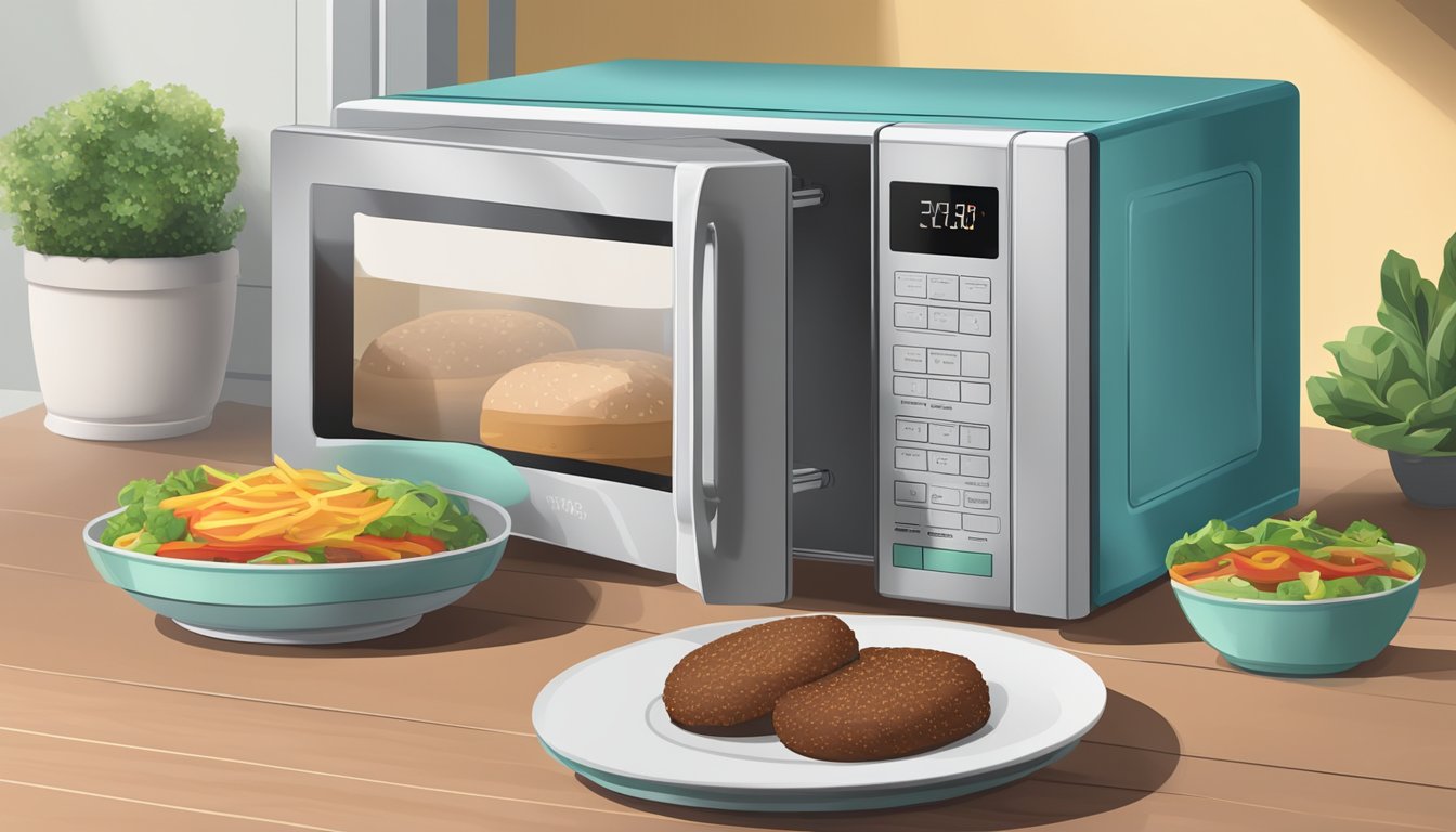 A microwave with a plate of gluten-free plant-based burgers inside, with the microwave door closed and the timer set