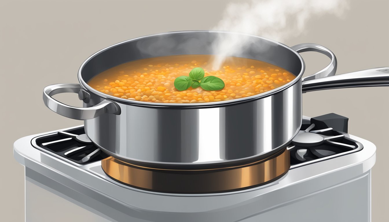 A pot of gluten free lentil soup being gently reheated on a stovetop, with steam rising and a ladle resting on the edge