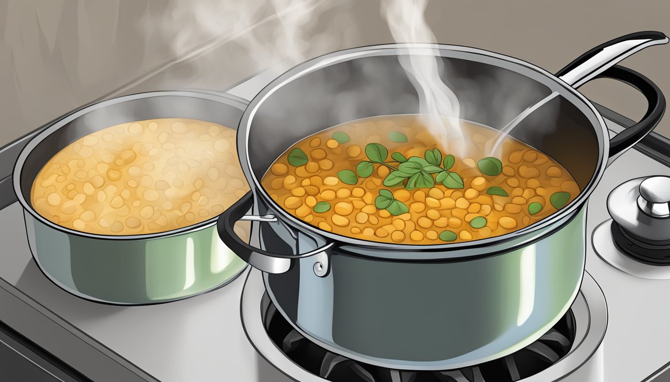 A pot of lentil soup on a stovetop, steam rising as it reheats