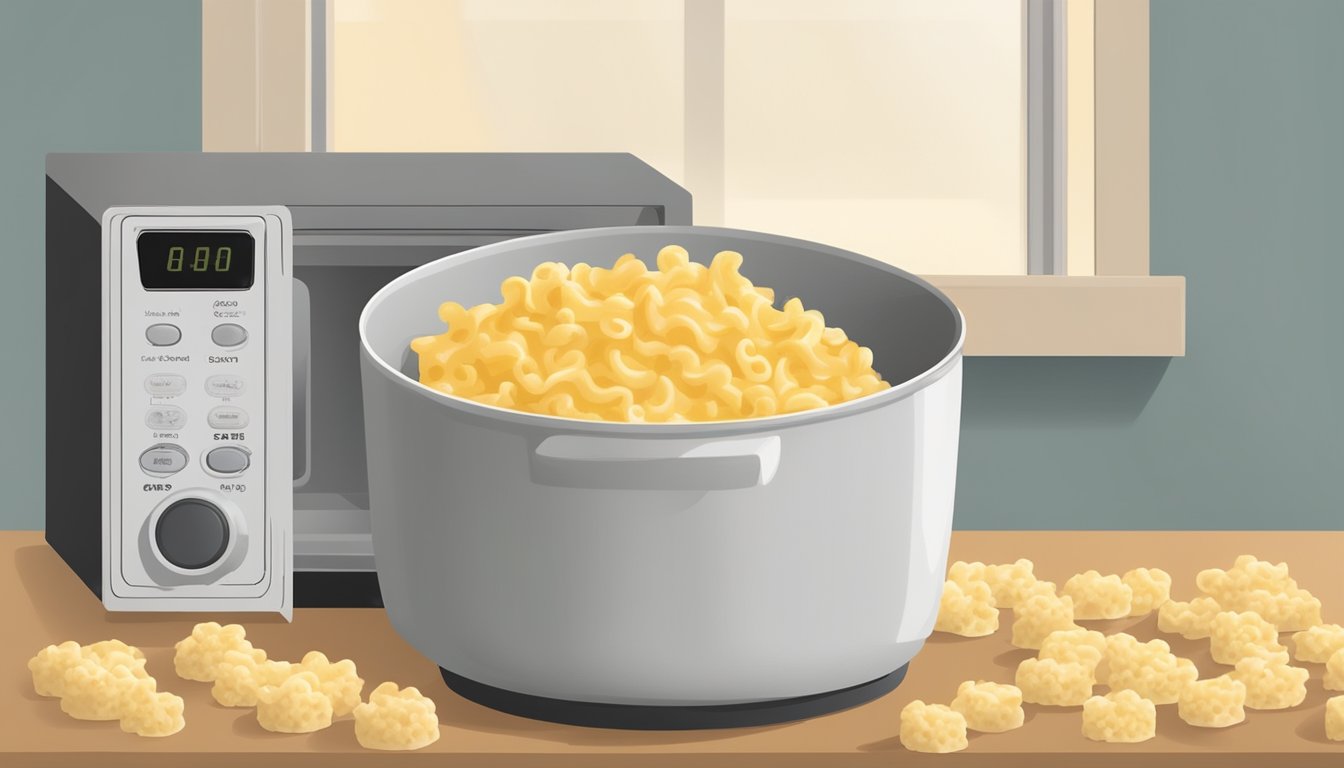 A bowl of gluten-free mac and cheese made with cauliflower sits in a microwave, with the door closed and the timer set