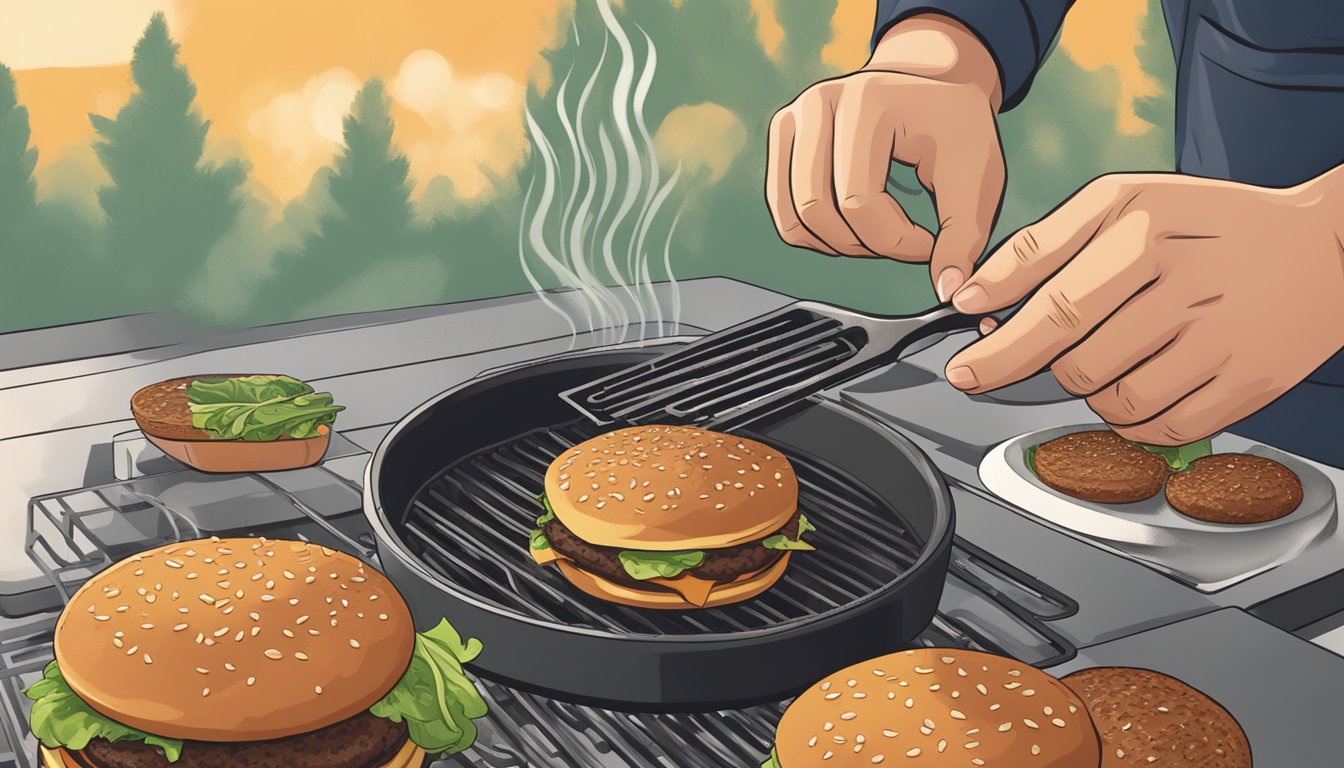 A hand placing a gluten-free plant-based burger onto a sizzling grill, with steam rising from the patty as it heats up