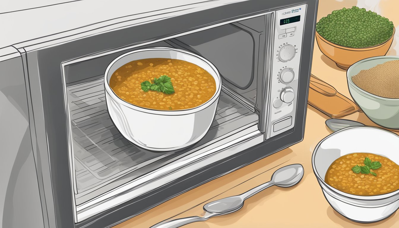 A steaming bowl of gluten-free lentil soup being warmed in a microwave. Ingredients and nutritional information displayed nearby